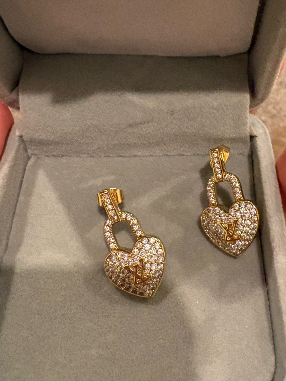 Louis Vuitton Gold Crystal Heart Lock Drop Earrings